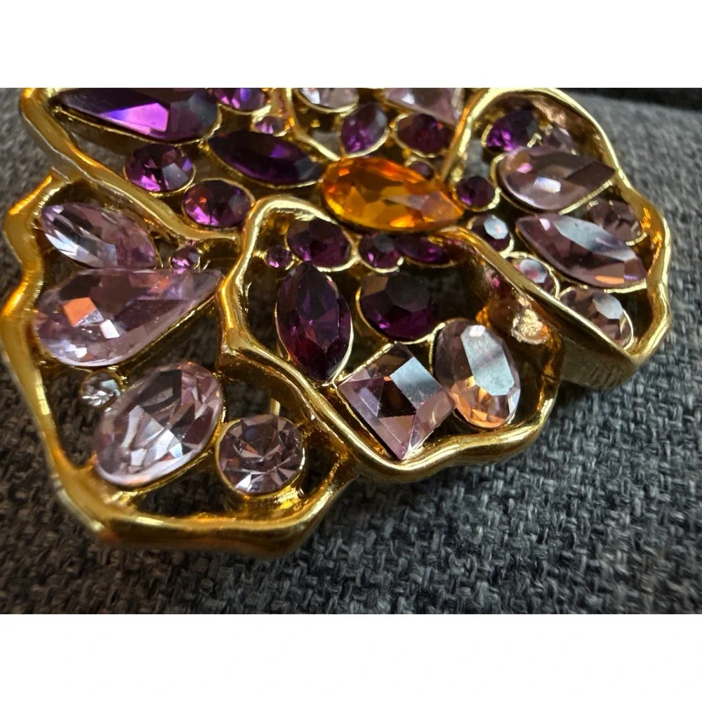 Nolan Miller VTG Glamorous‎ Pansy Brooch Pin Gold Tone Purple Crystal Accents